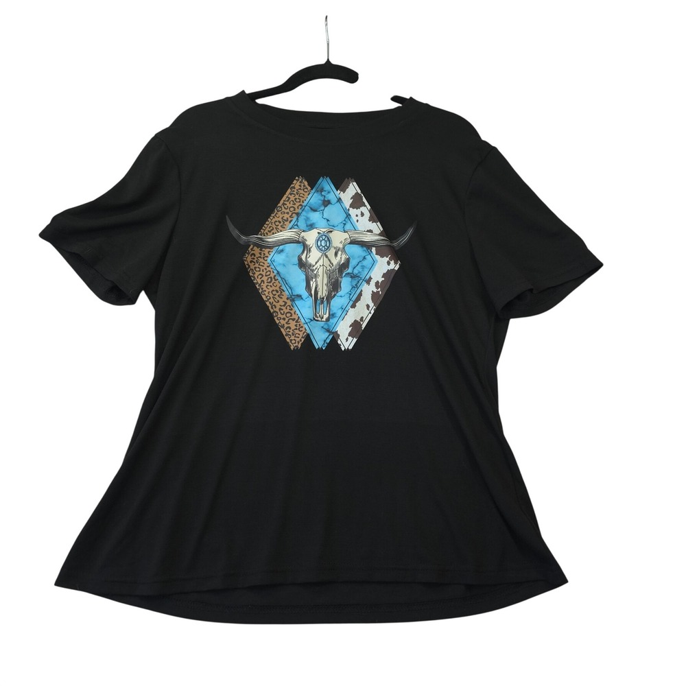 Women Western Longhorn Steer Skull Graphic Tee Black Short Sleeve Size L Rugged